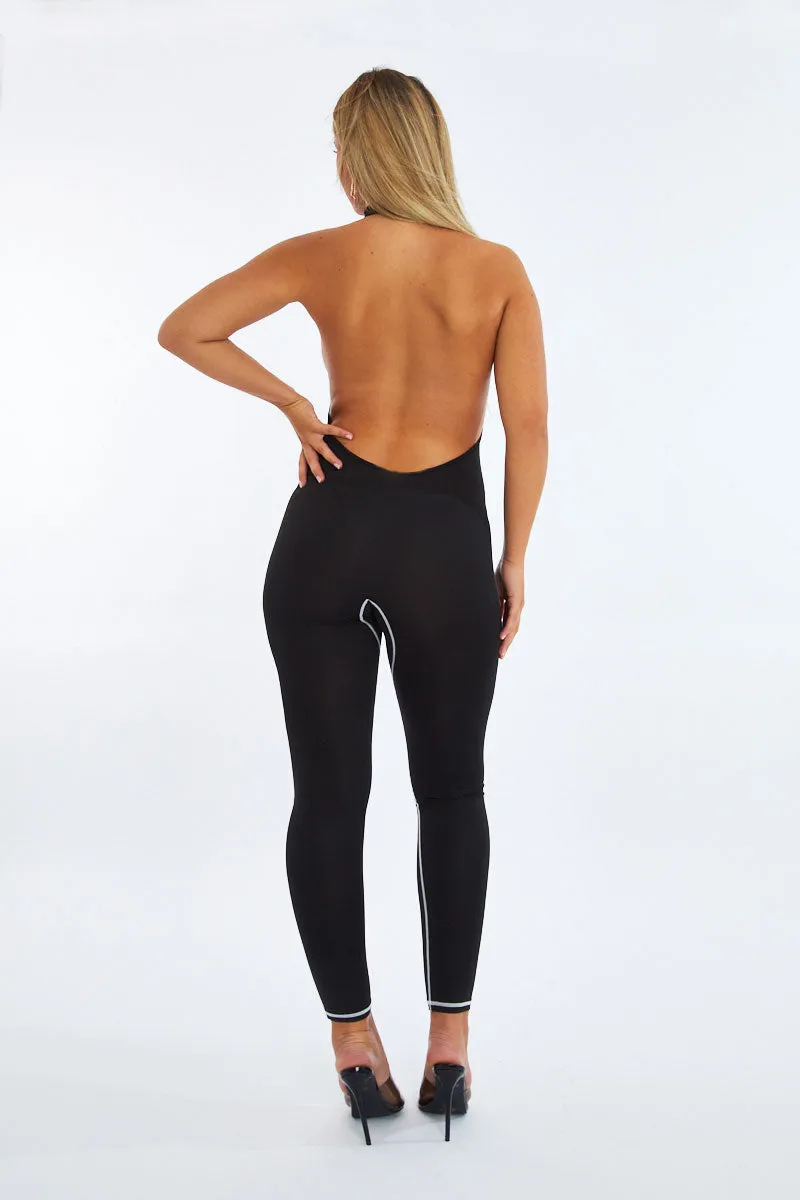 Black Contrast Stitch Detail Halter Neck Jumpsuit - Amy