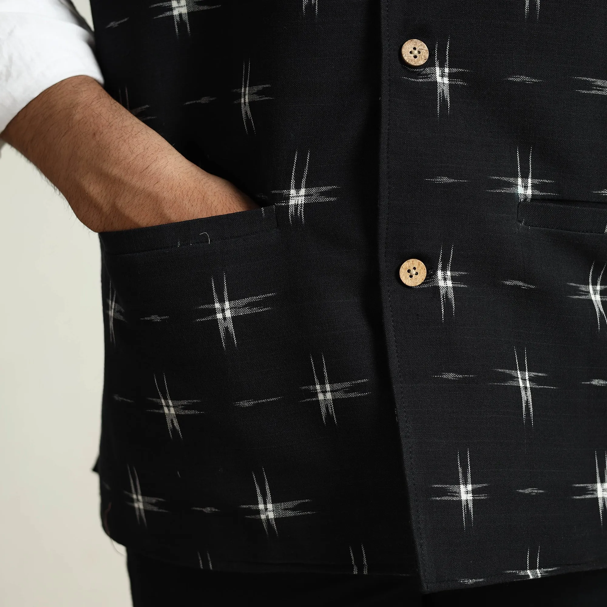 Black - Pochampally Double Ikat Handloom Cotton Men Nehru Jacket 04