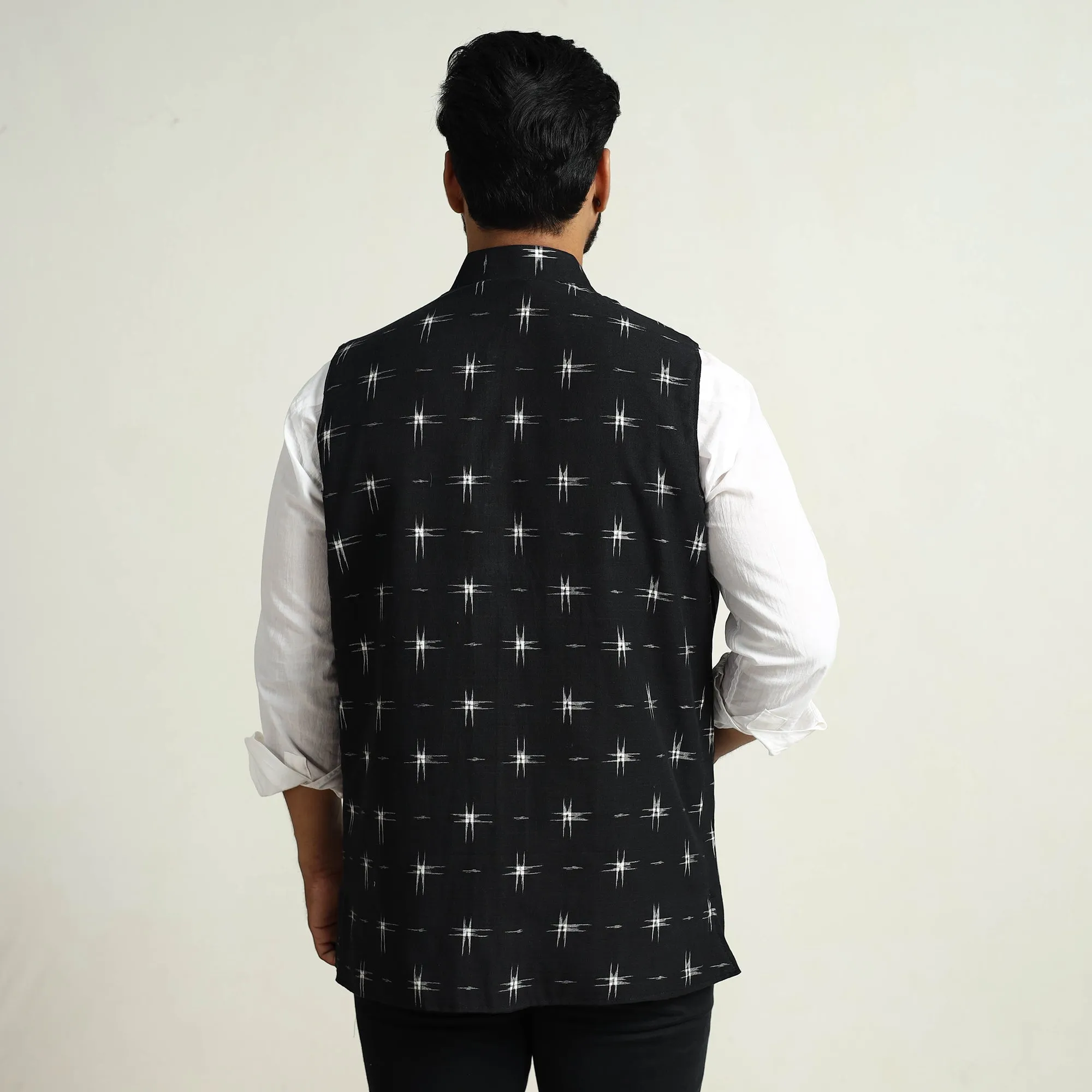 Black - Pochampally Double Ikat Handloom Cotton Men Nehru Jacket 04