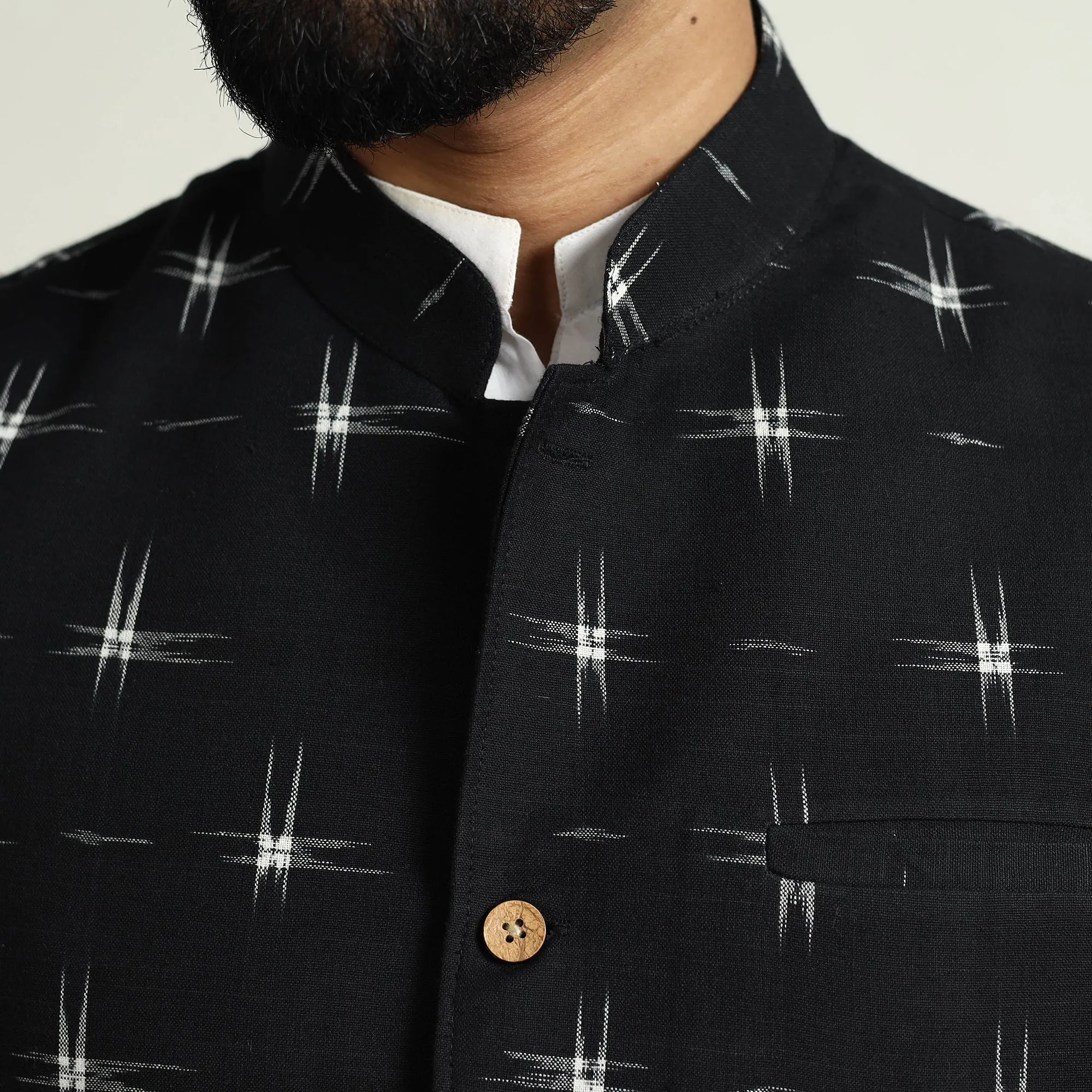 Black - Pochampally Double Ikat Handloom Cotton Men Nehru Jacket 04