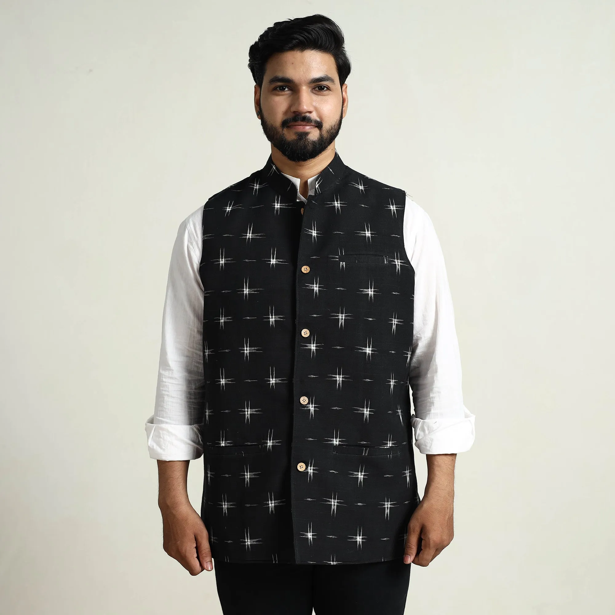 Black - Pochampally Double Ikat Handloom Cotton Men Nehru Jacket 04