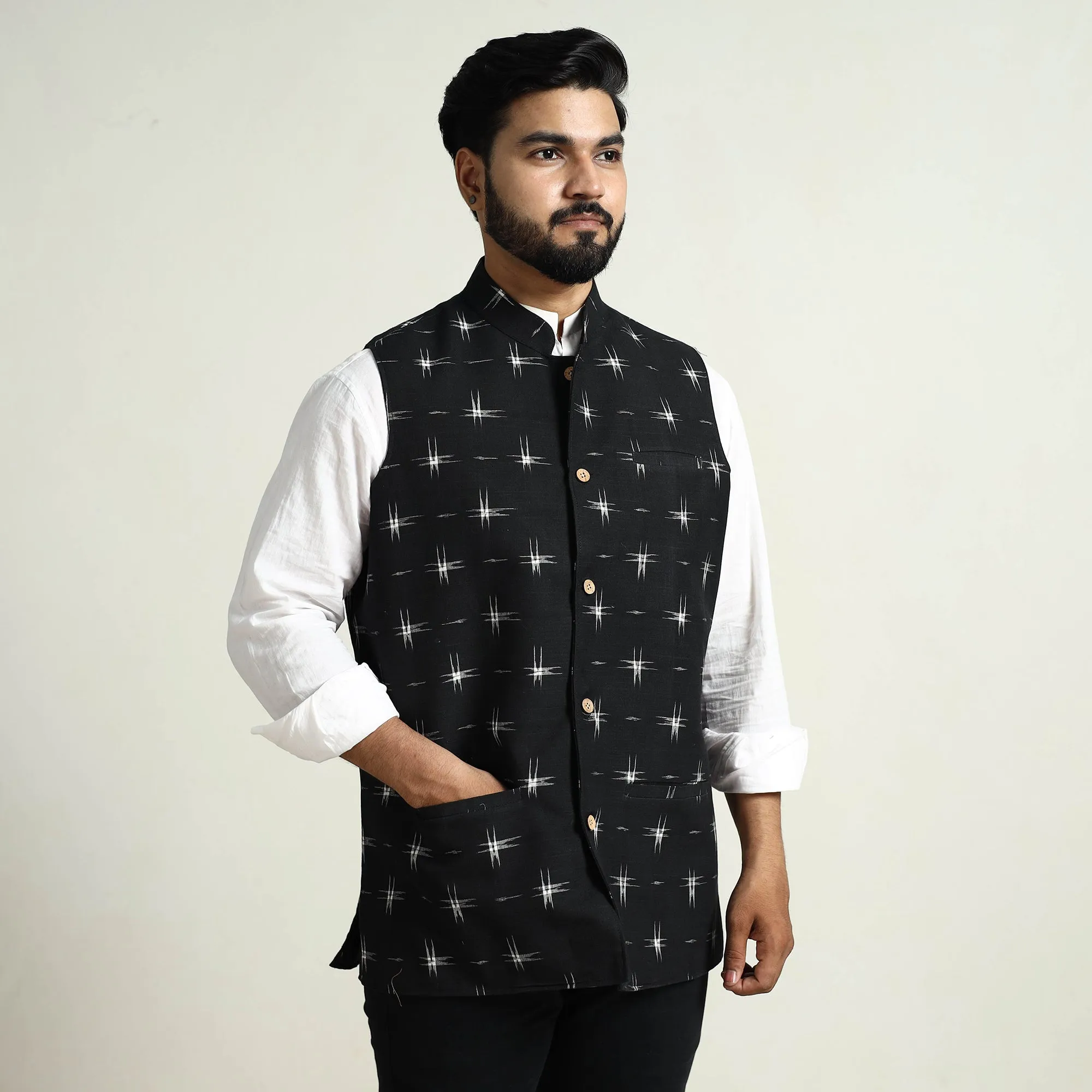 Black - Pochampally Double Ikat Handloom Cotton Men Nehru Jacket 04
