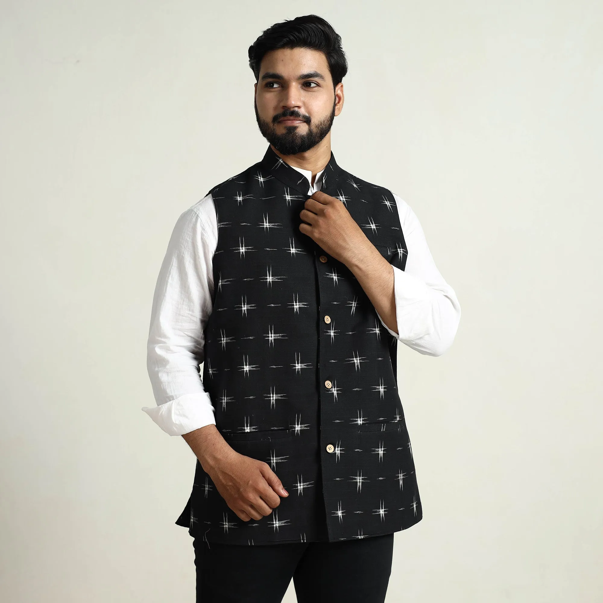 Black - Pochampally Double Ikat Handloom Cotton Men Nehru Jacket 04