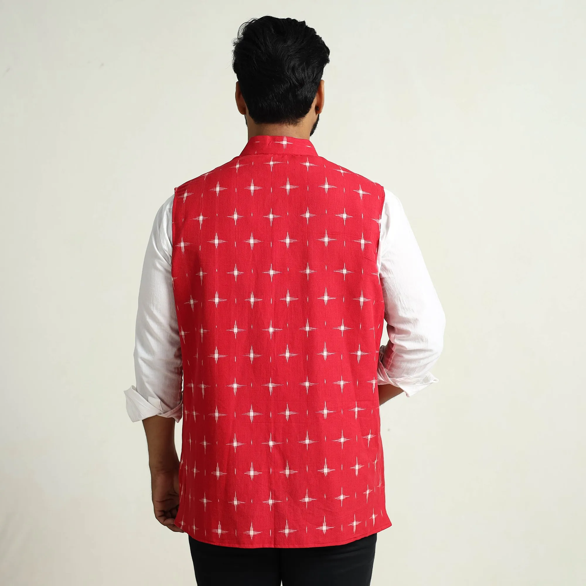 Black - Pochampally Double Ikat Handloom Cotton Men Nehru Jacket 09