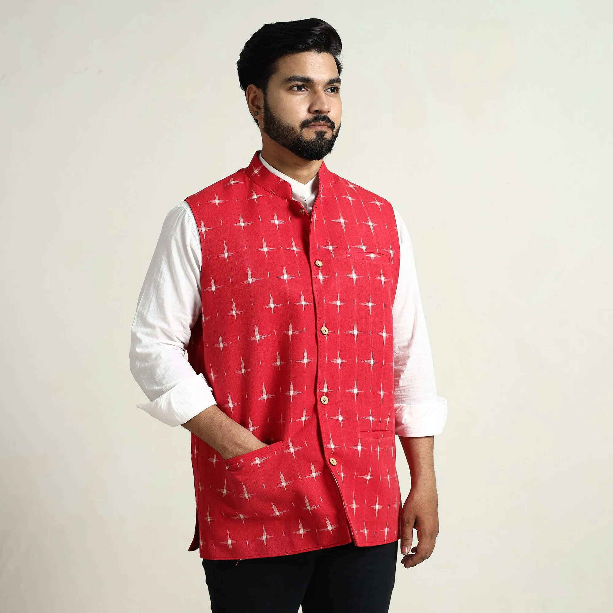 Black - Pochampally Double Ikat Handloom Cotton Men Nehru Jacket 09