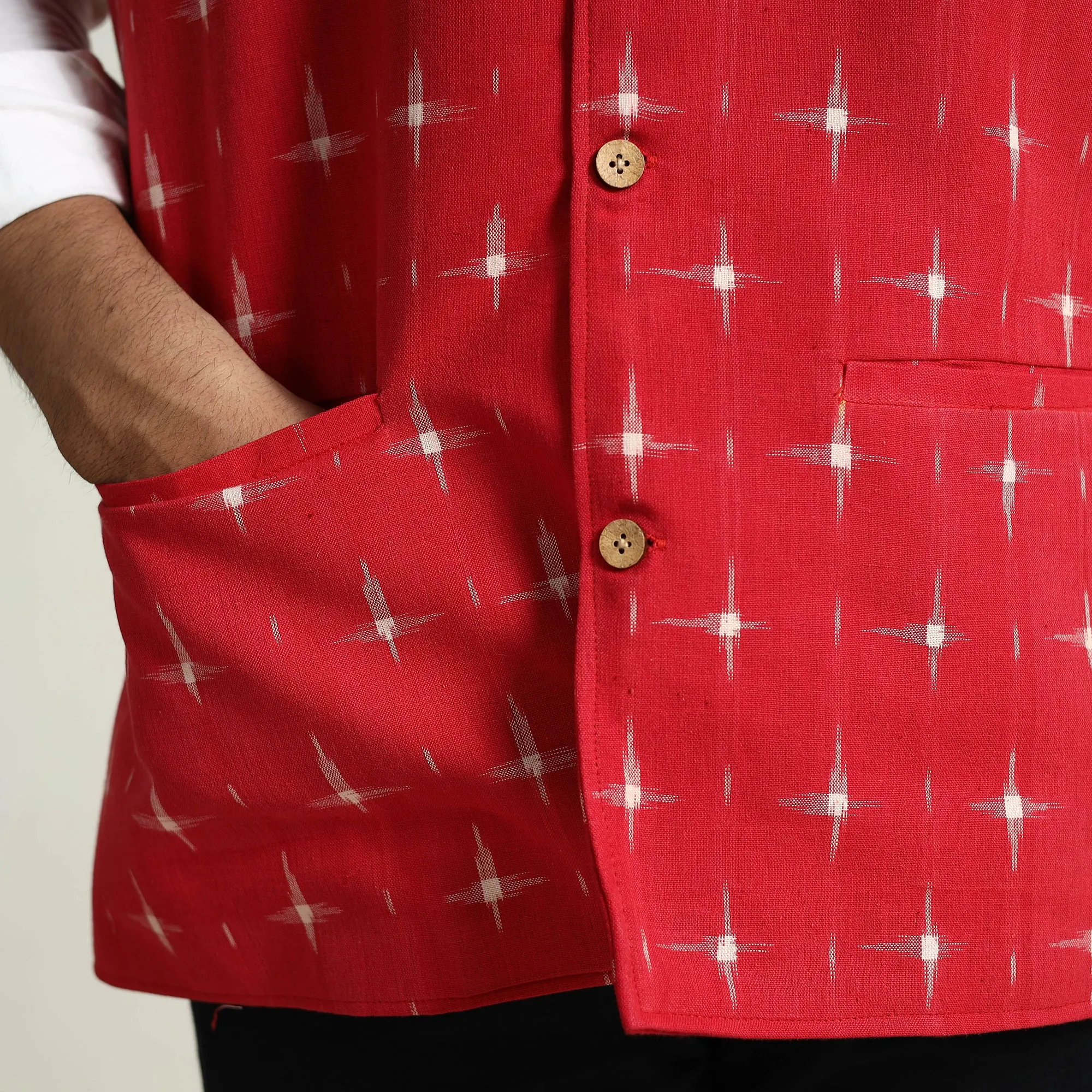 Black - Pochampally Double Ikat Handloom Cotton Men Nehru Jacket 09
