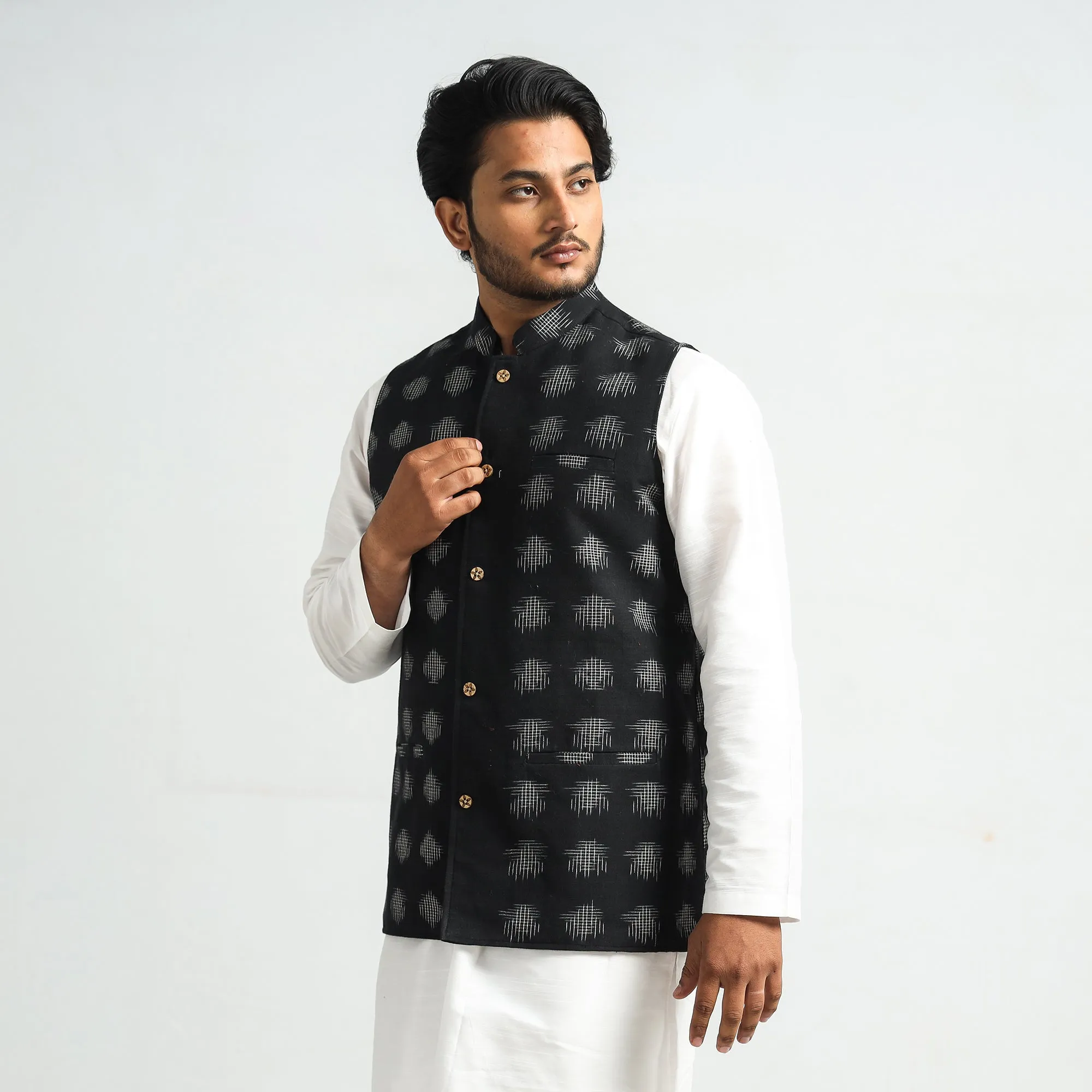 Black - Pochampally Double Ikat Handloom Cotton Men Nehru Jacket