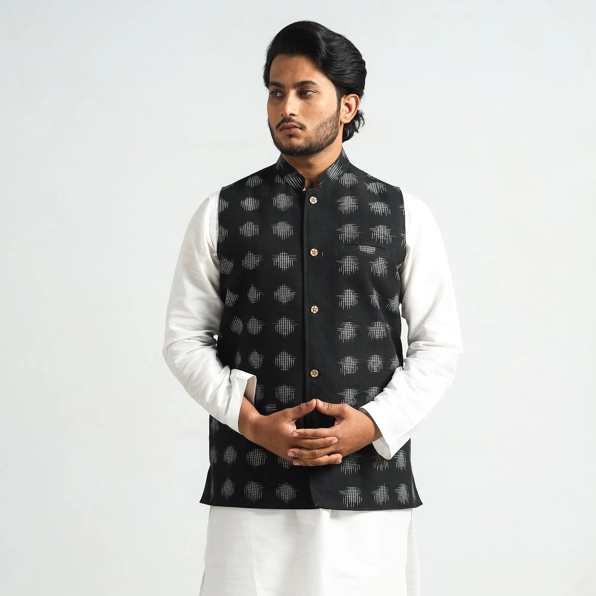 Black - Pochampally Double Ikat Handloom Cotton Men Nehru Jacket