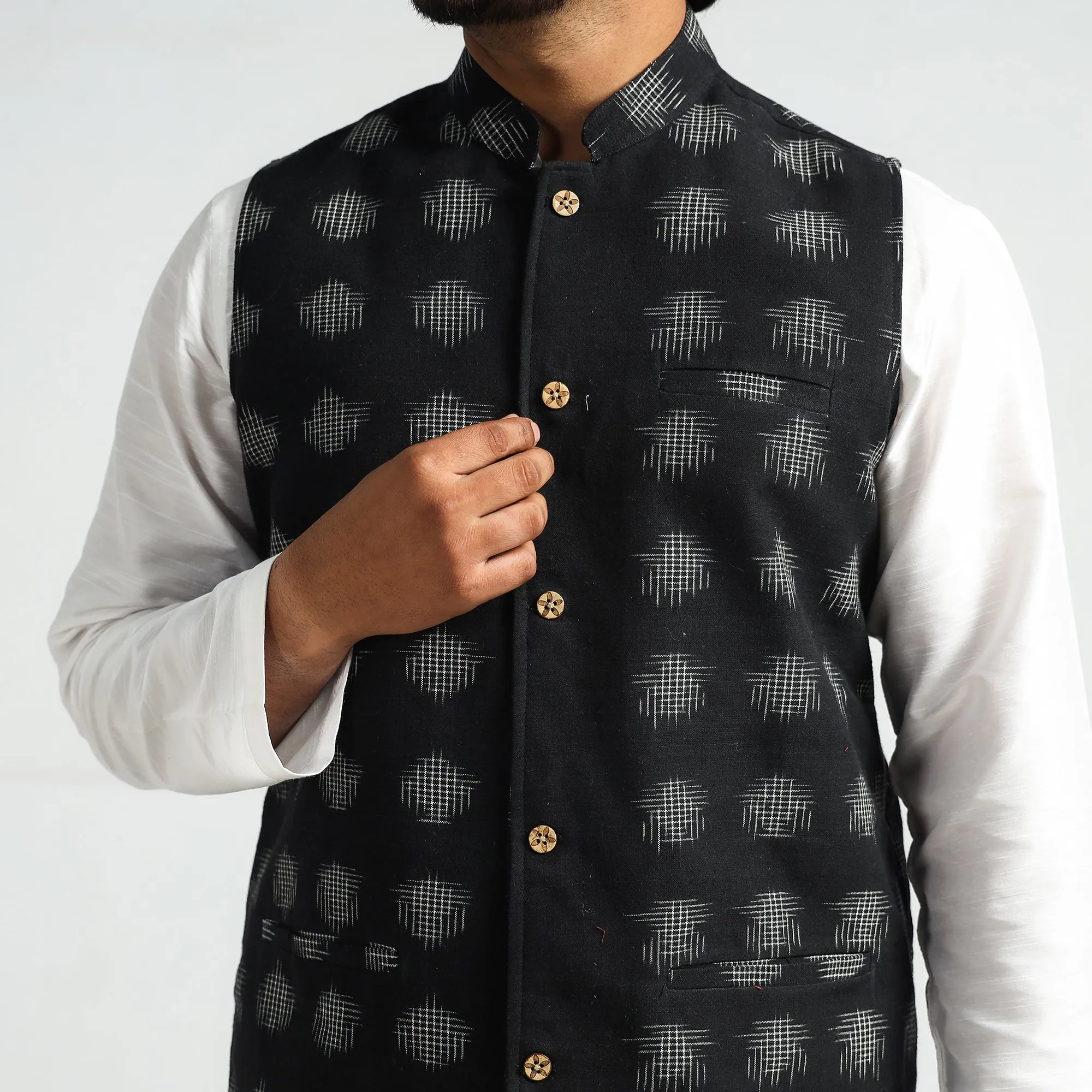 Black - Pochampally Double Ikat Handloom Cotton Men Nehru Jacket
