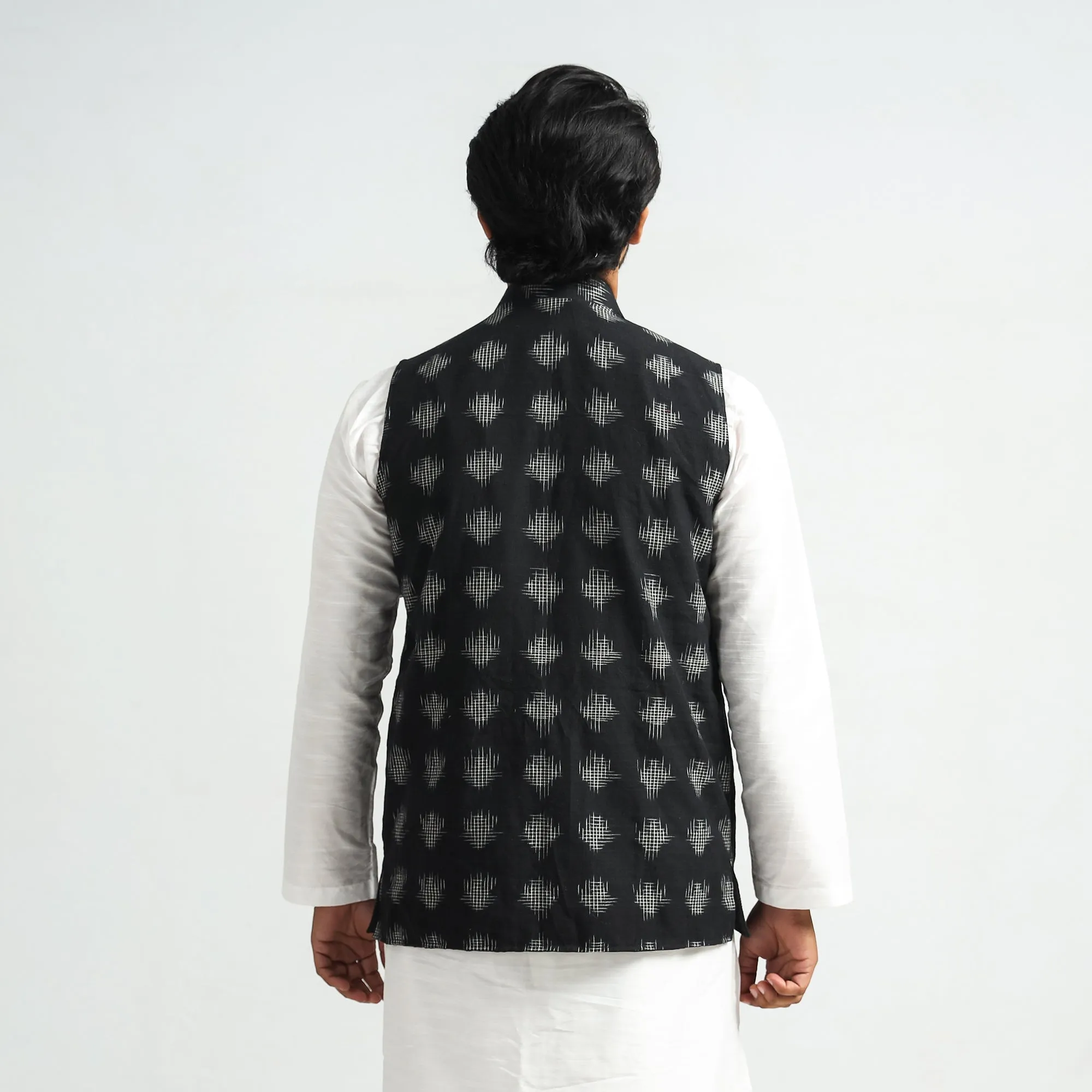 Black - Pochampally Double Ikat Handloom Cotton Men Nehru Jacket