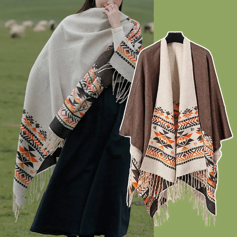 Buddha Stones Tibetan Geometric Rhombus Pattern Tassels Shawl Fall Winter Warm Cozy Scarf Wrap