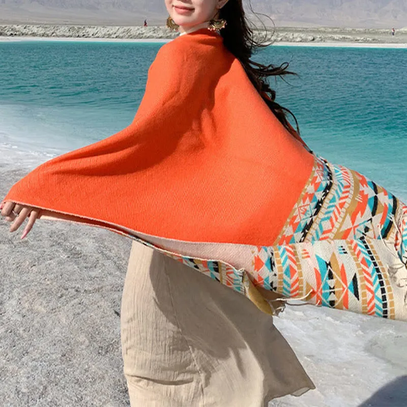 Buddha Stones Tibetan Geometric Rhombus Pattern Tassels Shawl Fall Winter Warm Cozy Scarf Wrap