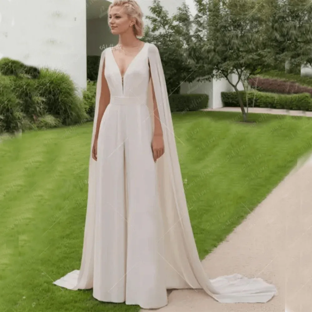 Chic & Sexy Custom Ivory Wedding Jumpsuit with Cape - V-Neck Bridal Pantsuit