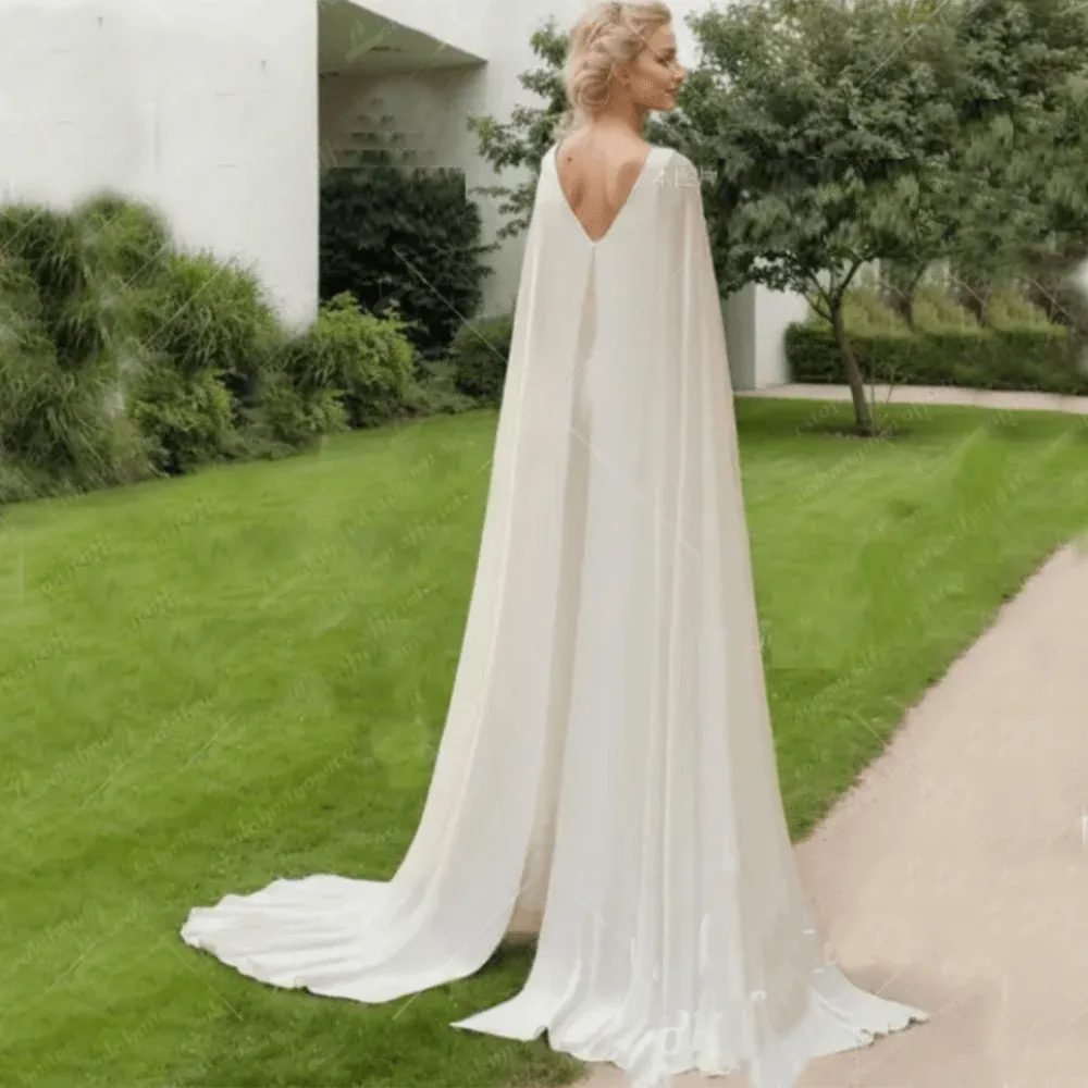 Chic & Sexy Custom Ivory Wedding Jumpsuit with Cape - V-Neck Bridal Pantsuit