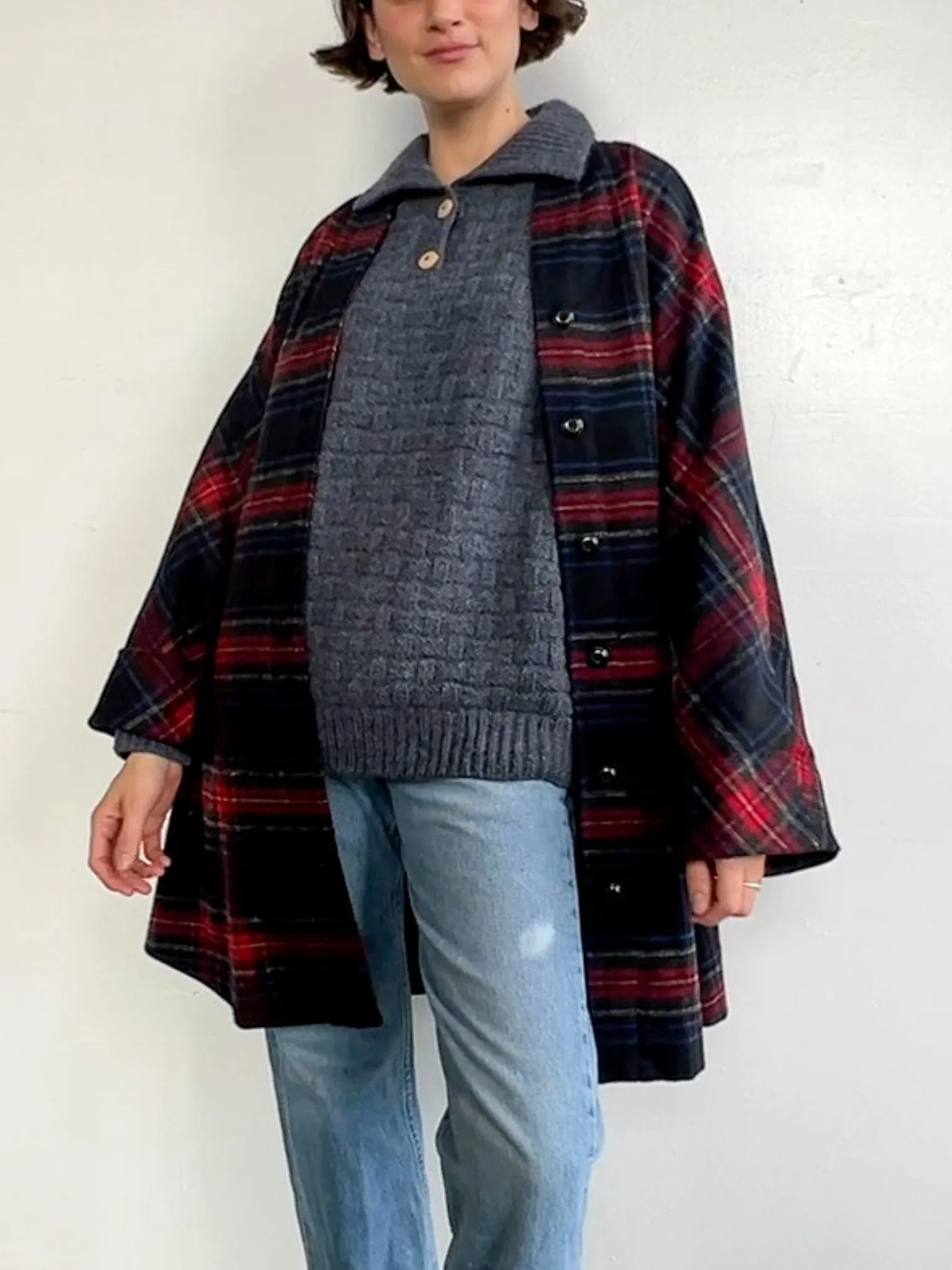 Classic Wool Plaid Swing Coat (S/M)