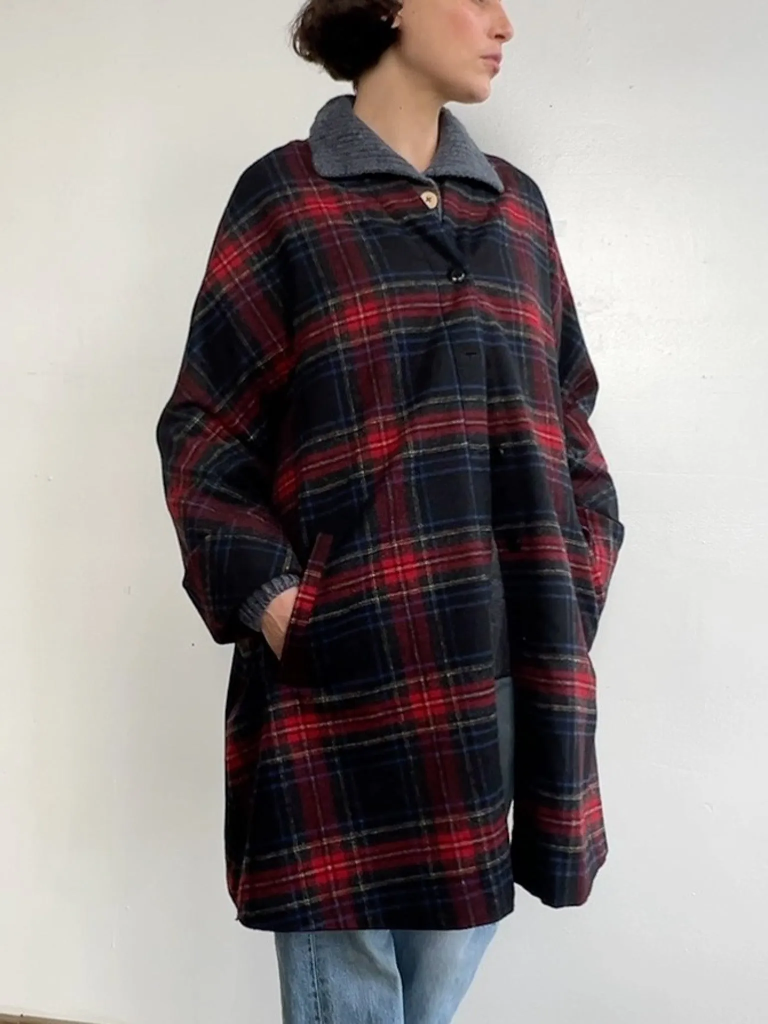 Classic Wool Plaid Swing Coat (S/M)