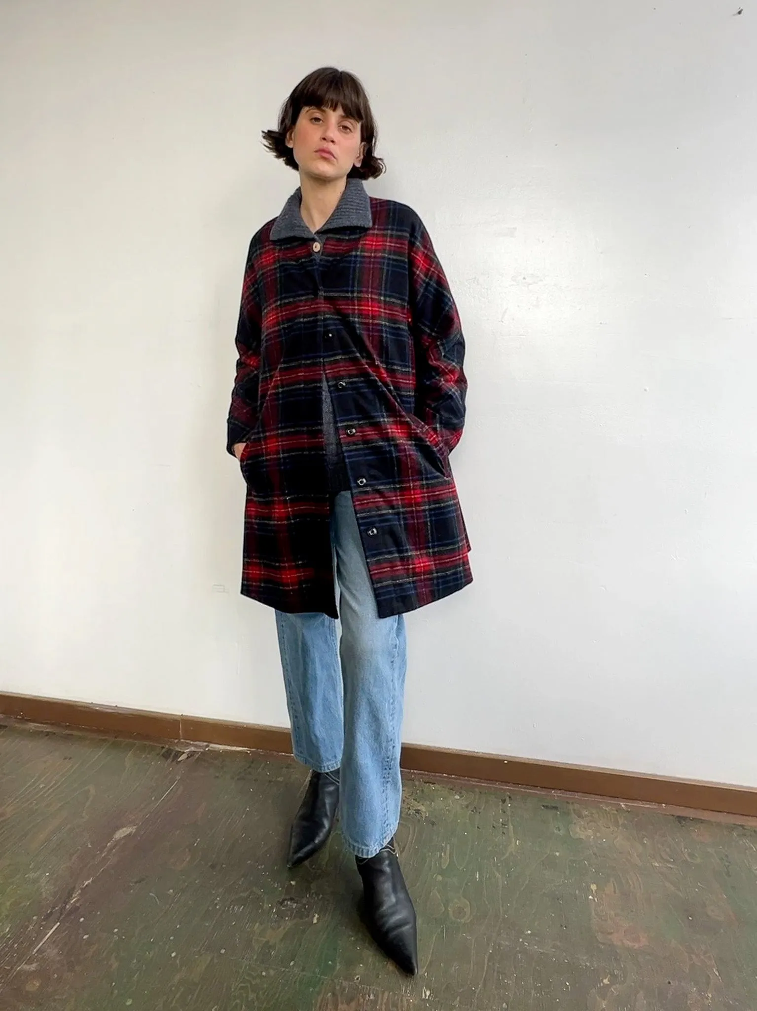 Classic Wool Plaid Swing Coat (S/M)