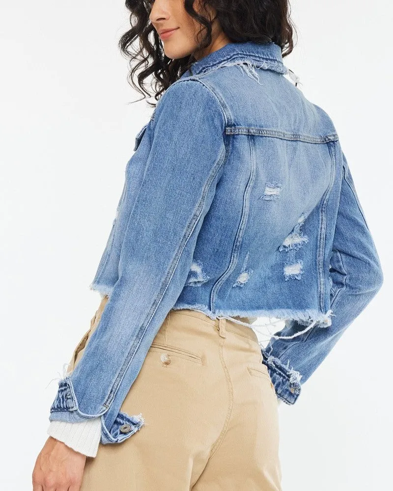 Crop Fray Hem Denim Jacket - Medium/Light Wash