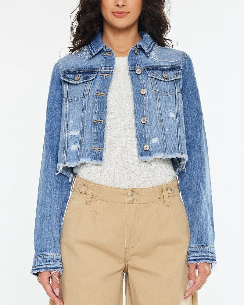 Crop Fray Hem Denim Jacket - Medium/Light Wash
