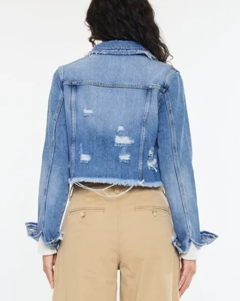 Crop Fray Hem Denim Jacket - Medium/Light Wash