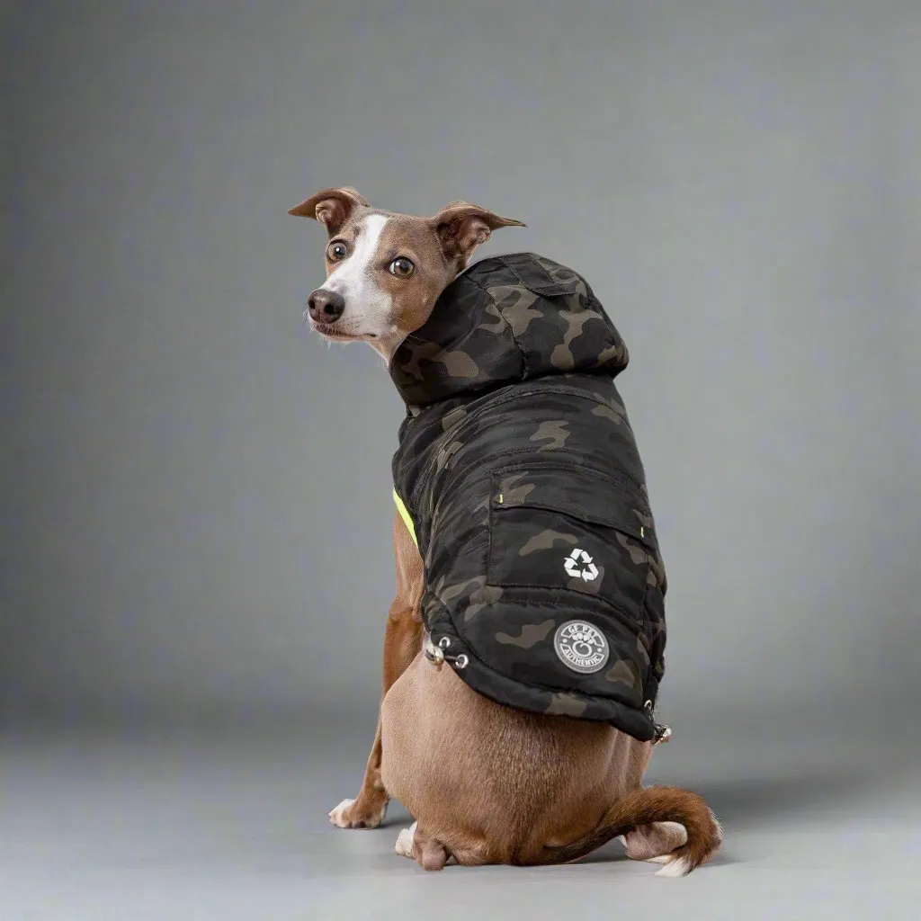 Eco-Friendly Recycled PET Dog Parka with Camouflage Design and Reflective Accents
