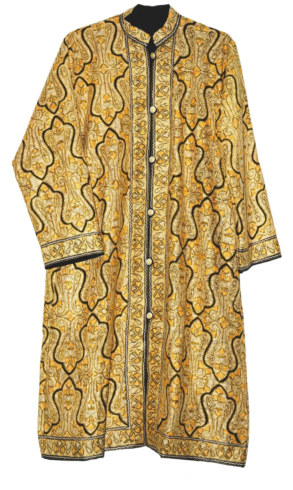 Kashmiri "Jamawar" Coat Woolen Long Jacket Black, Yellow and Olive Embroidery #JM-122