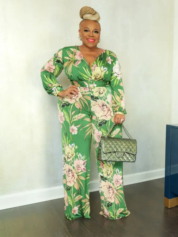 Large size fresh and sweet women's jumpsuit with belt