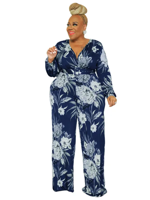 Large size fresh and sweet women's jumpsuit with belt