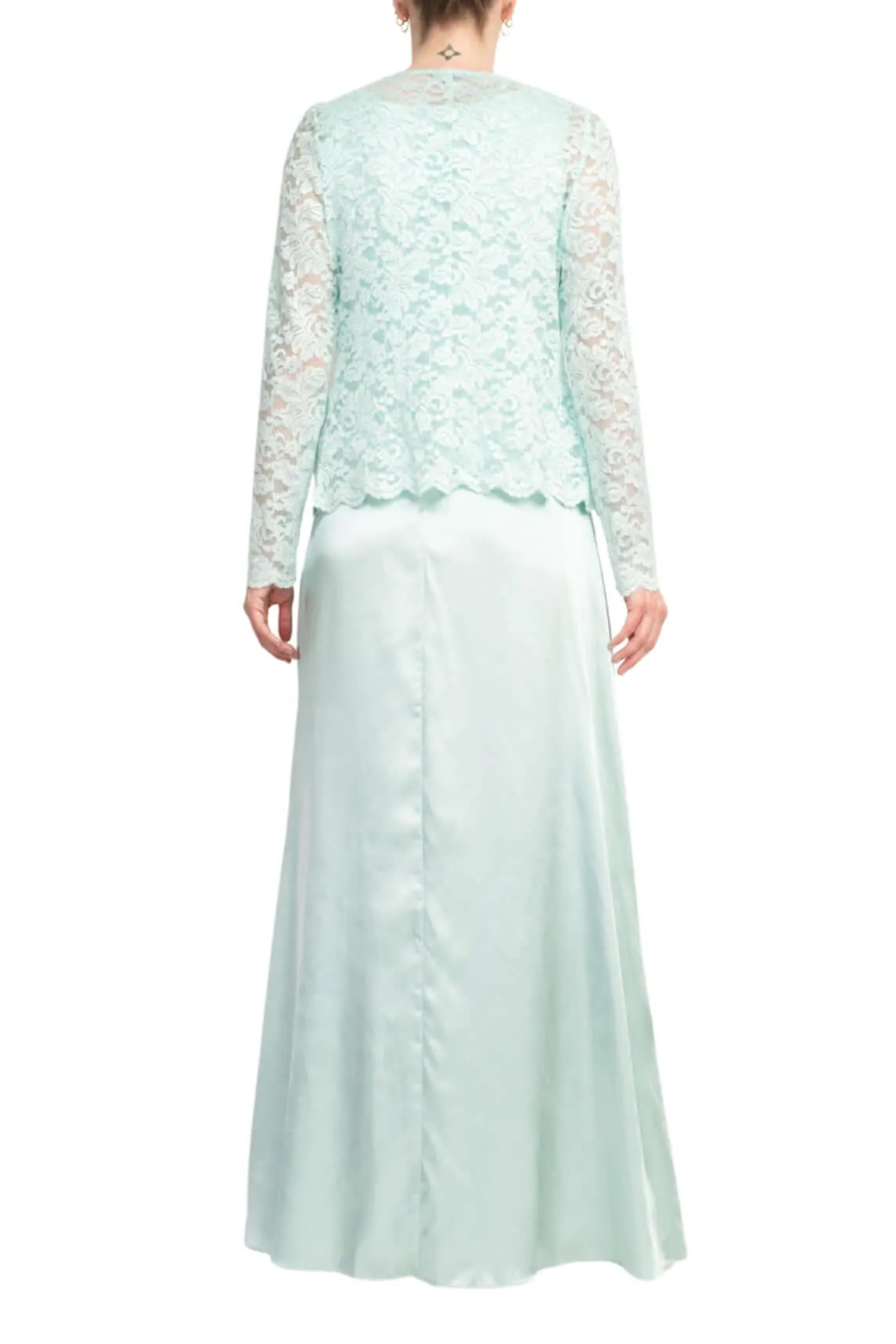Marina Crew Neck Sleeveless Embroidered Top Zipper Back Solid Satin Dress with Jacket 2 Piece Set