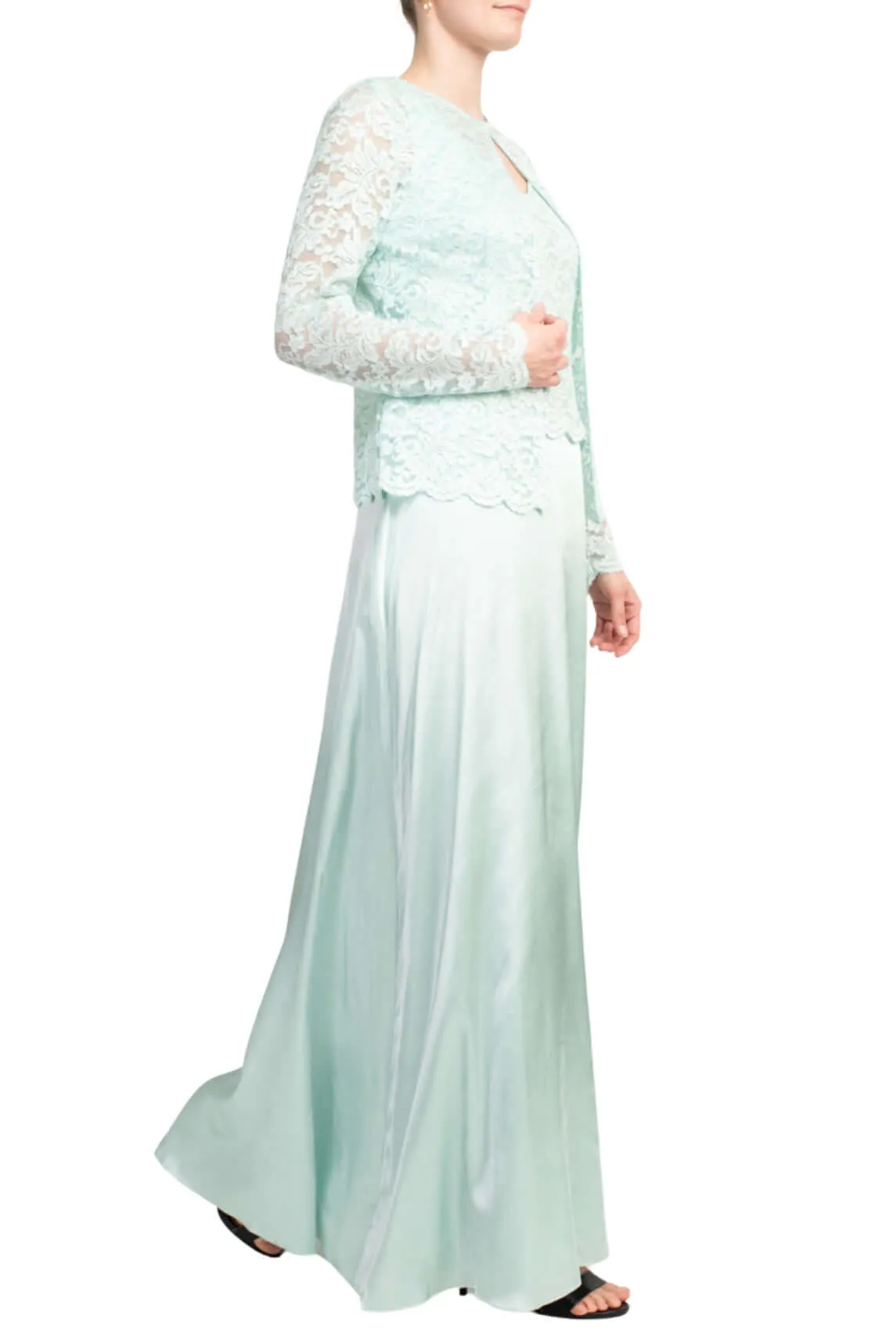 Marina Crew Neck Sleeveless Embroidered Top Zipper Back Solid Satin Dress with Jacket 2 Piece Set