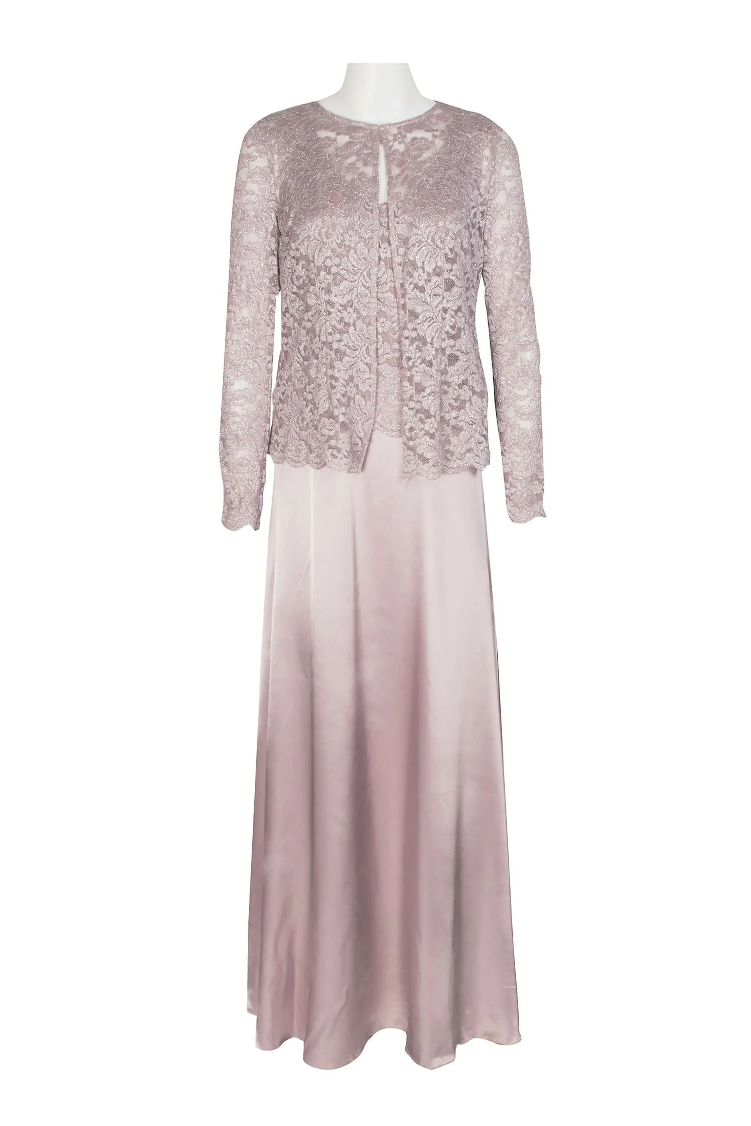 Marina Crew Neck Sleeveless Embroidered Top Zipper Back Solid Satin Dress with Jacket 2 Piece Set