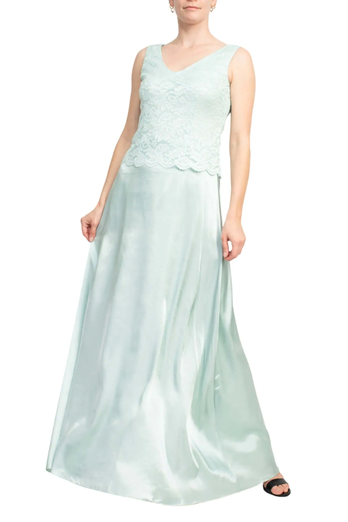 Marina Crew Neck Sleeveless Embroidered Top Zipper Back Solid Satin Dress with Jacket 2 Piece Set