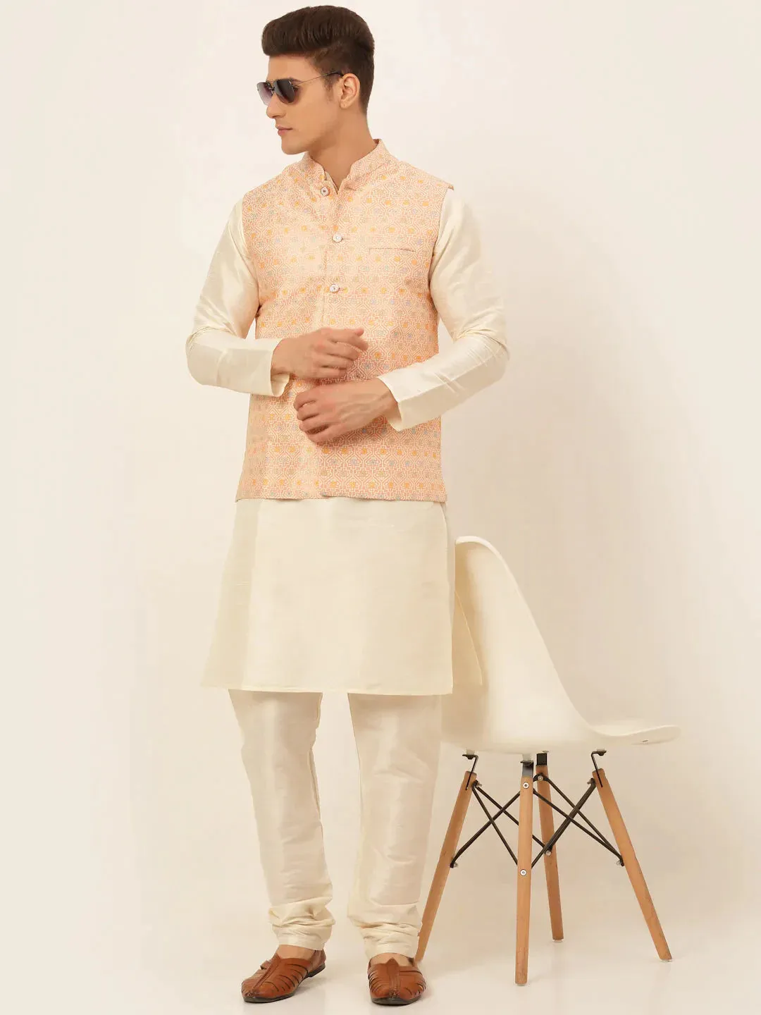 Men Pink Embroidered Nehru Jacket