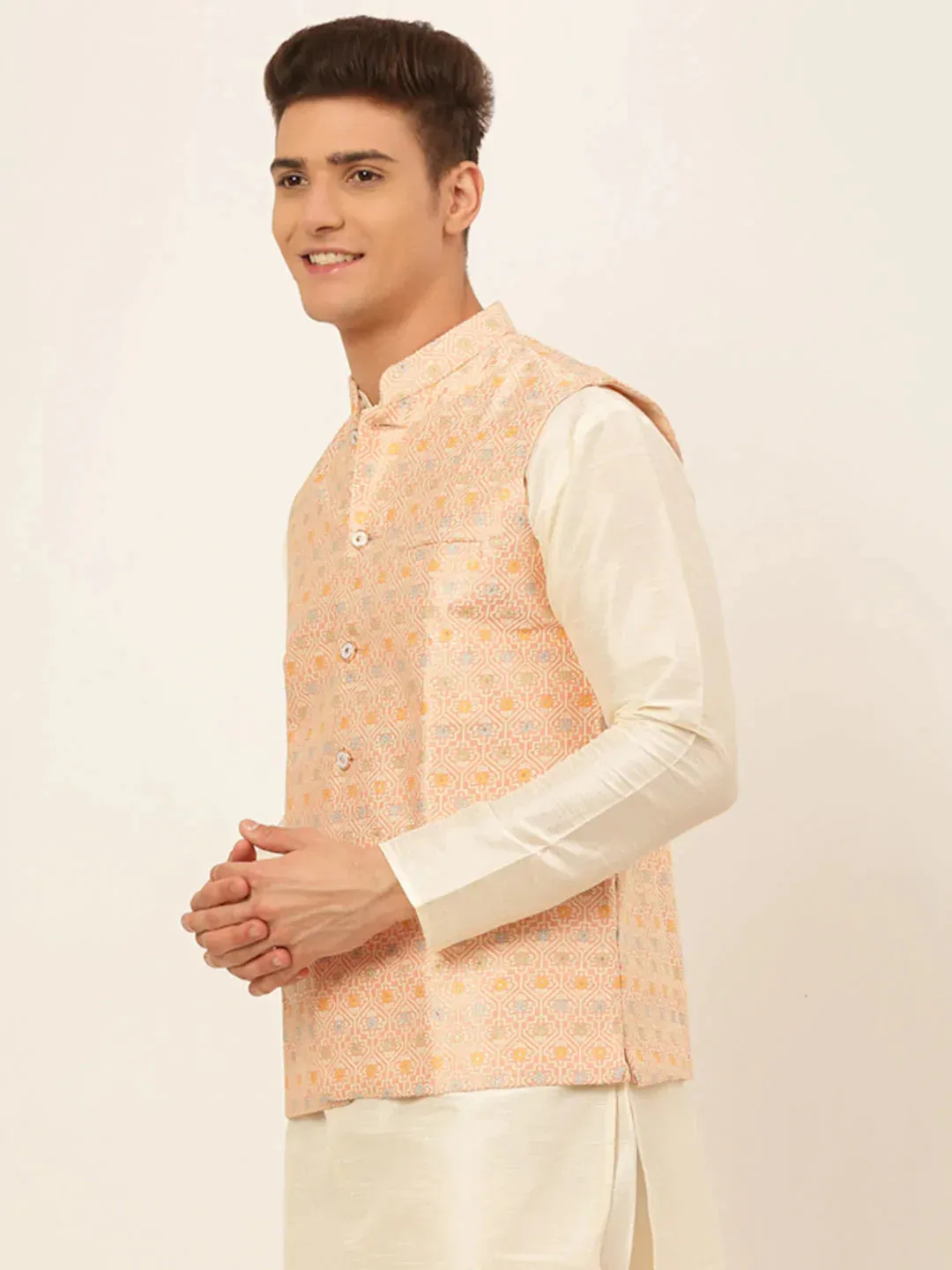 Men Pink Embroidered Nehru Jacket