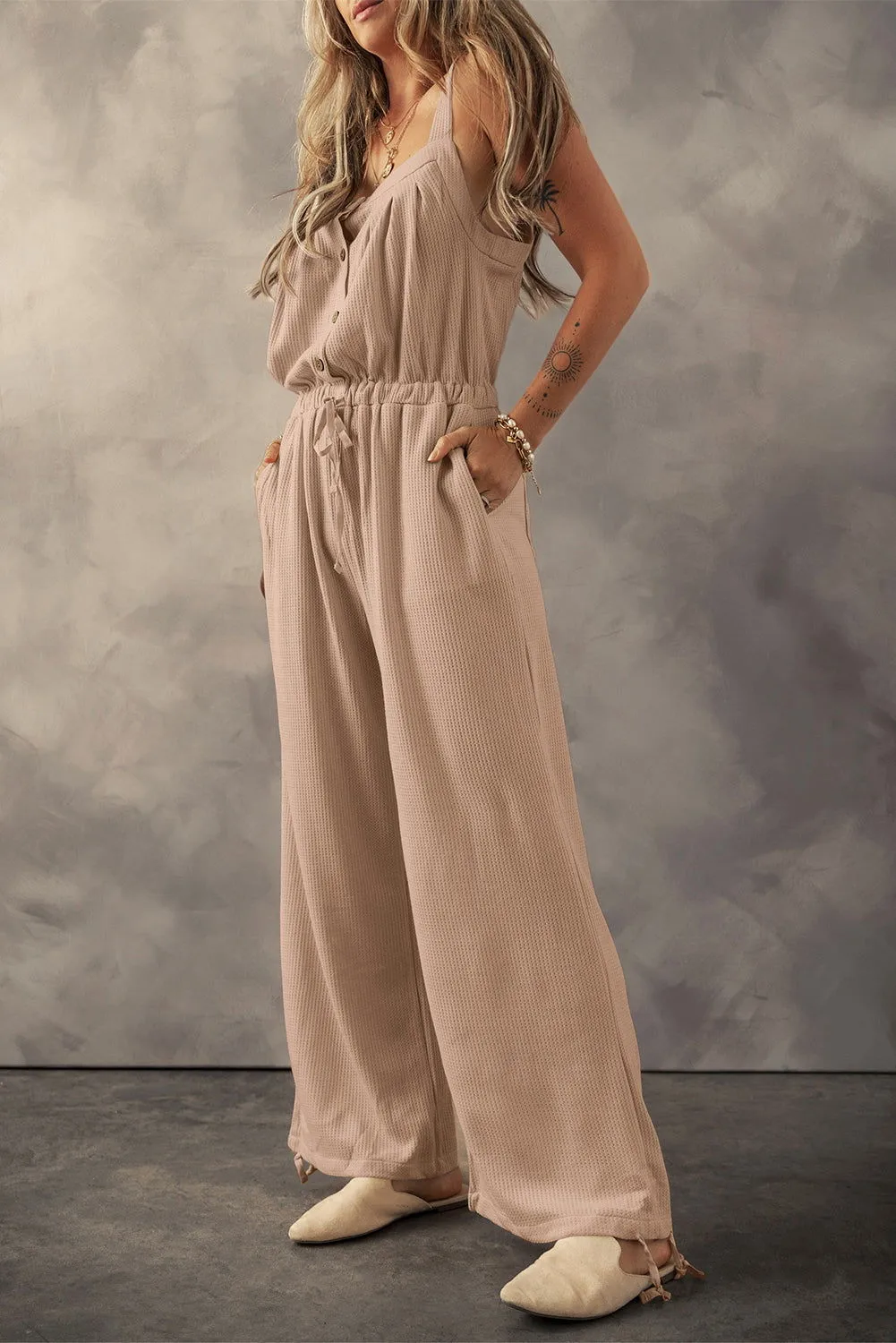 Moss Green Knotted Straps Textured Drawstring Jumpsuit