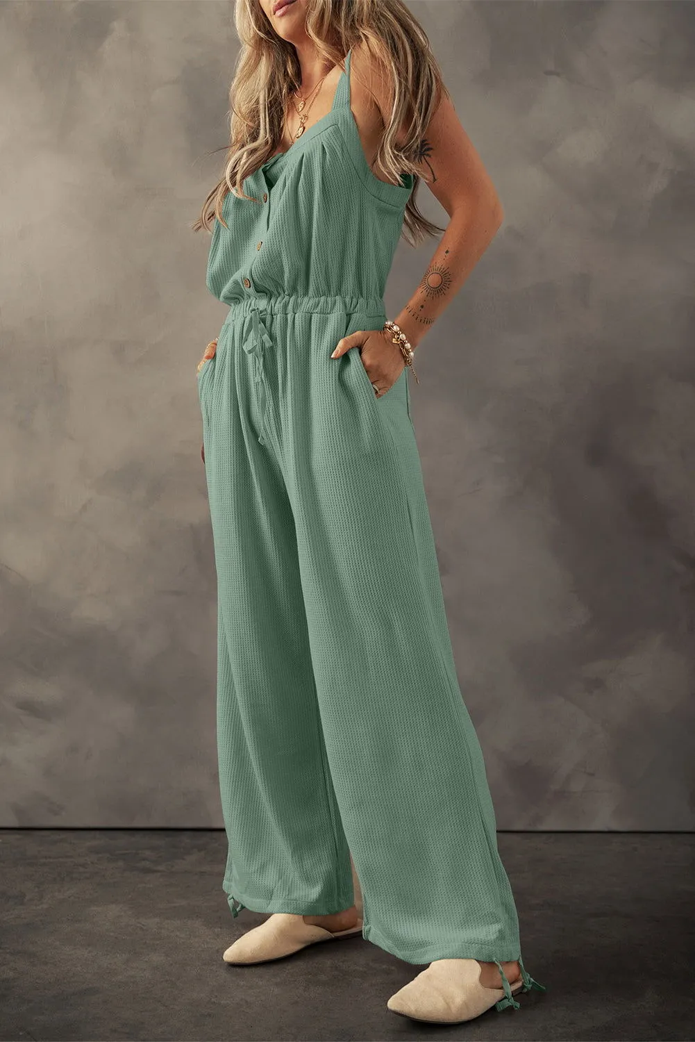 Moss Green Knotted Straps Textured Drawstring Jumpsuit