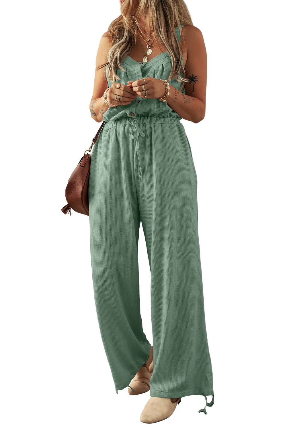 Moss Green Knotted Straps Textured Drawstring Jumpsuit