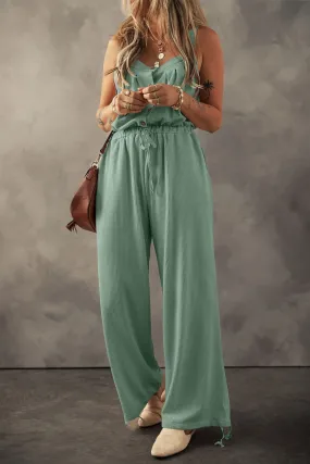 Moss Green Knotted Straps Textured Drawstring Jumpsuit