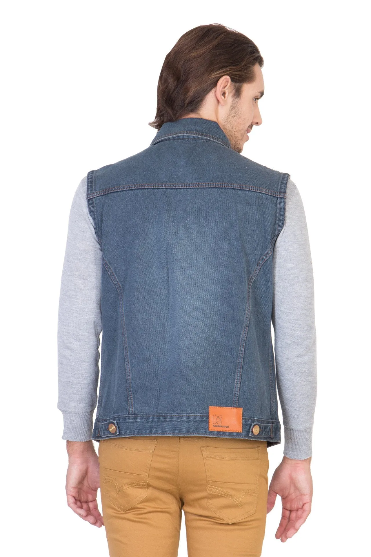 Sleeveless Tinted Blue Men's Denim Jacket with Brass Button