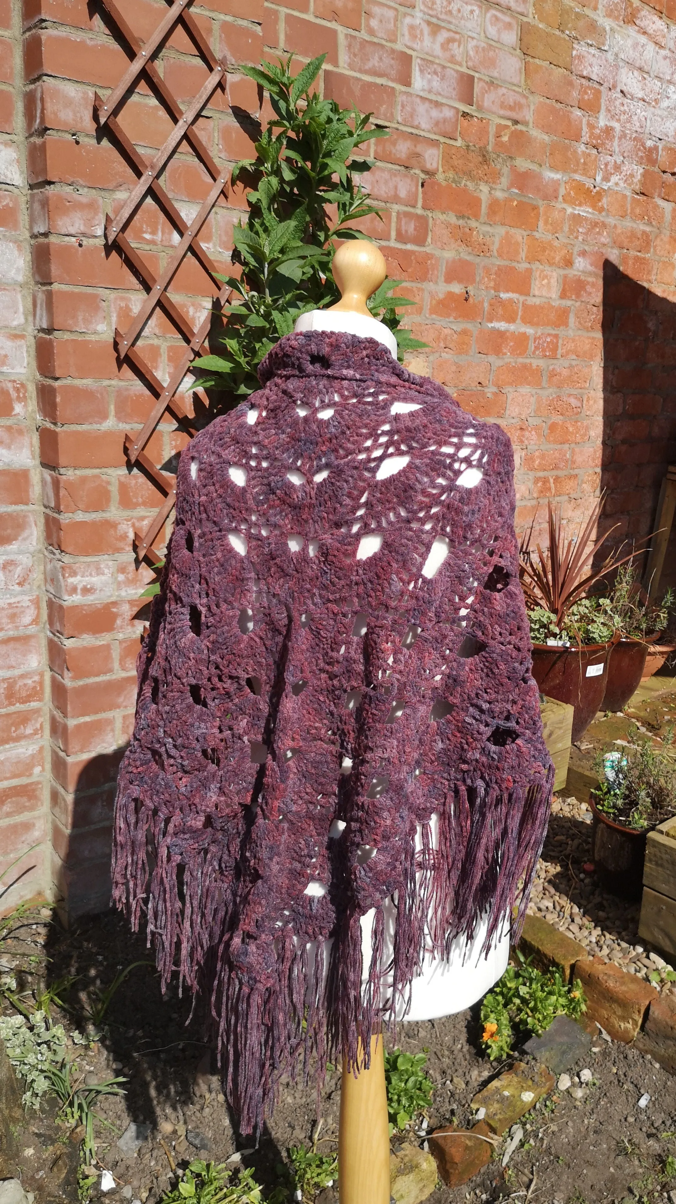 Virus shawl, soft chunky chenille yarn, amethyst shaded wrap,