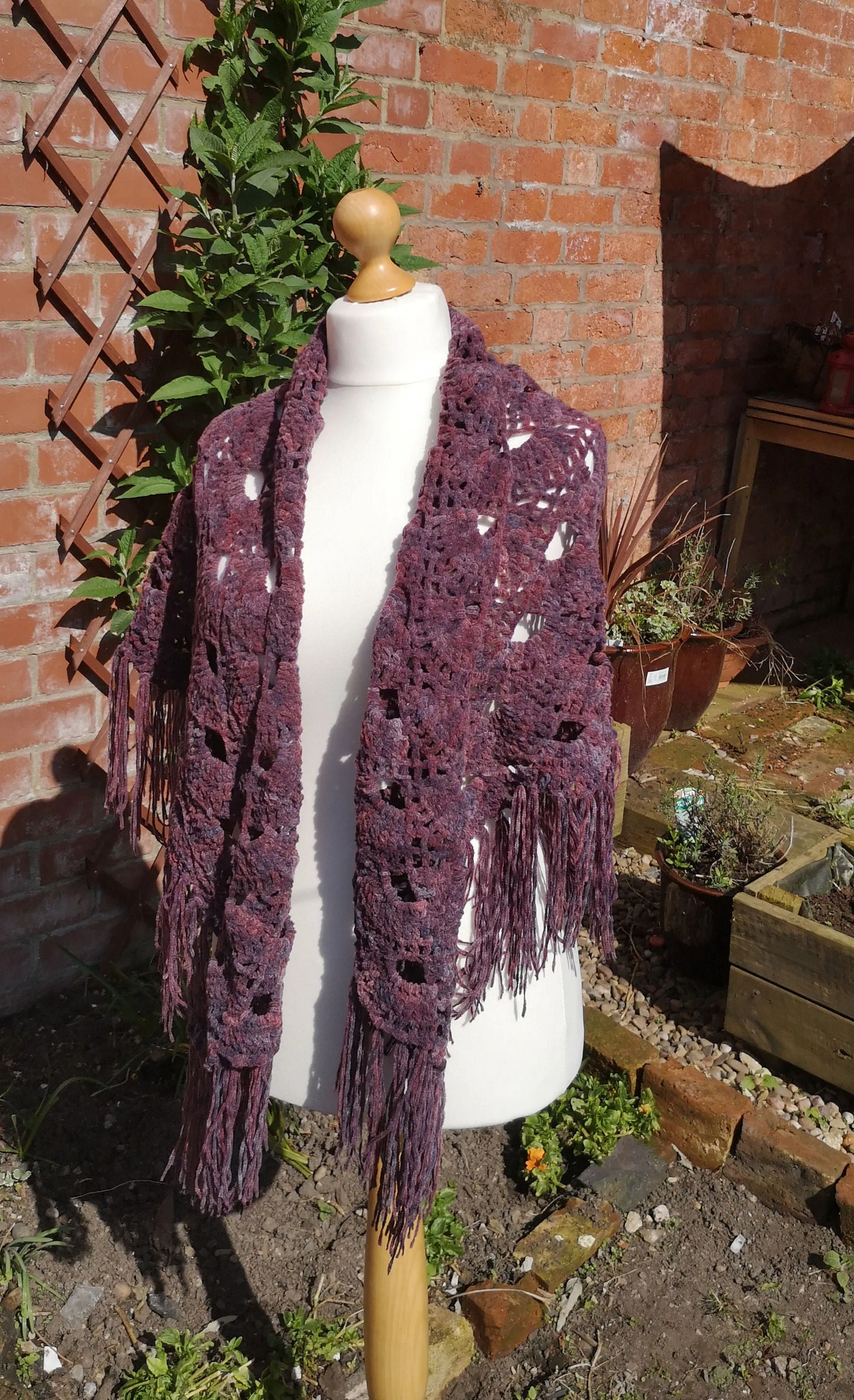 Virus shawl, soft chunky chenille yarn, amethyst shaded wrap,