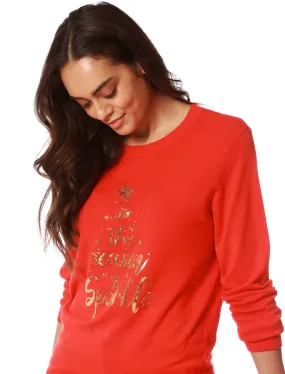 Women’s Xmas Santas Little Helper Sequin Motif Novelty Christmas Jumper in Red