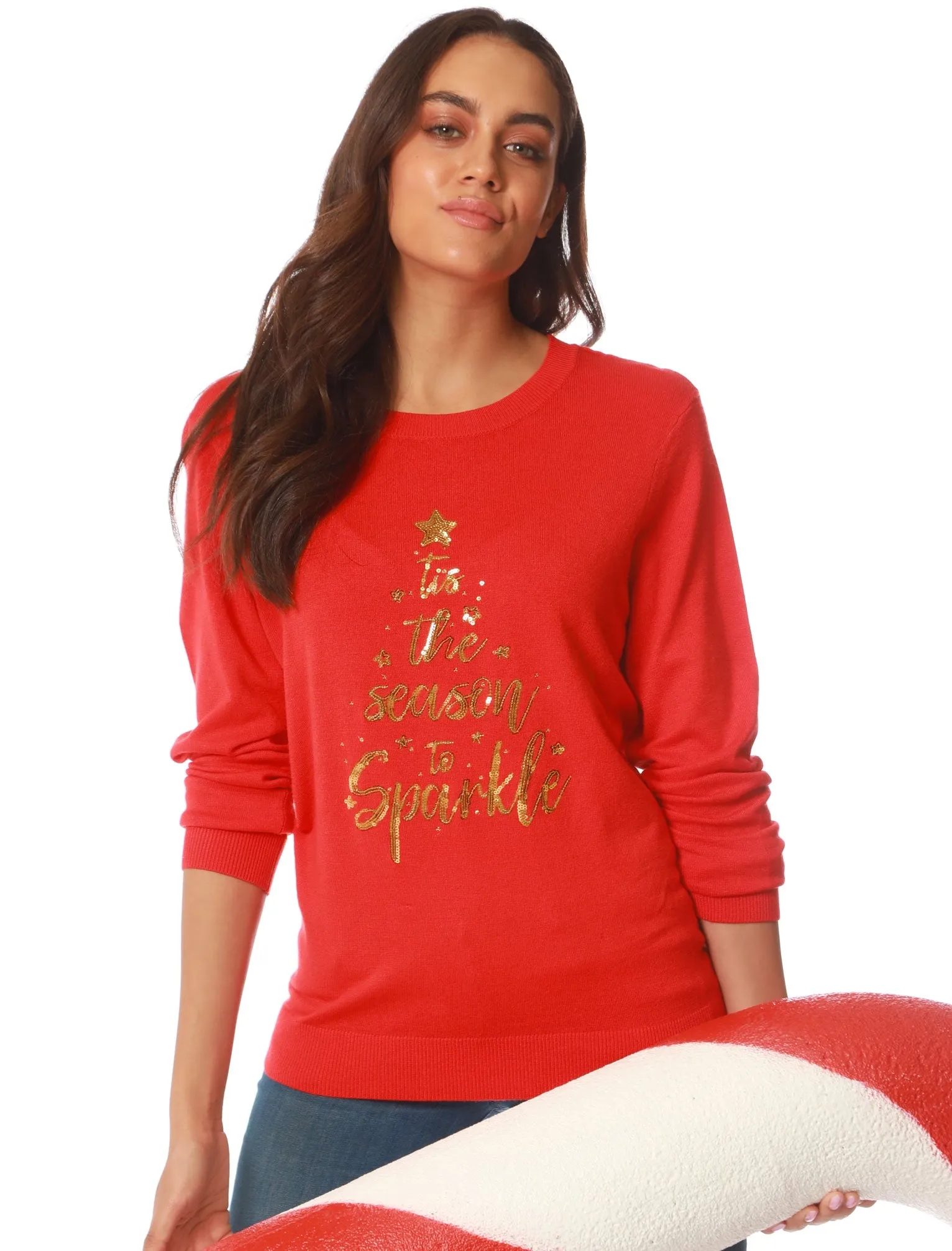 Women’s Xmas Santas Little Helper Sequin Motif Novelty Christmas Jumper in Red