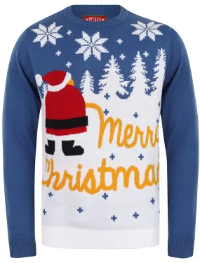 Xmas Snow Motif Novelty Christmas Jumper in Olympian Blue - Merry Christmas