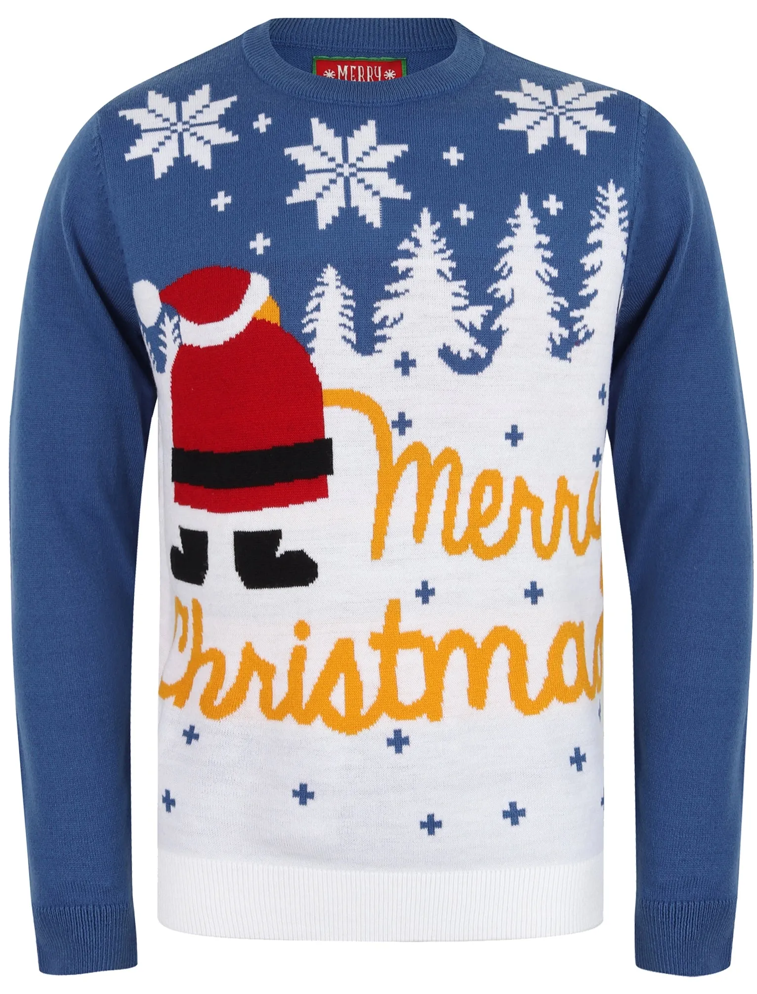 Xmas Snow Motif Novelty Christmas Jumper in Olympian Blue - Merry Christmas